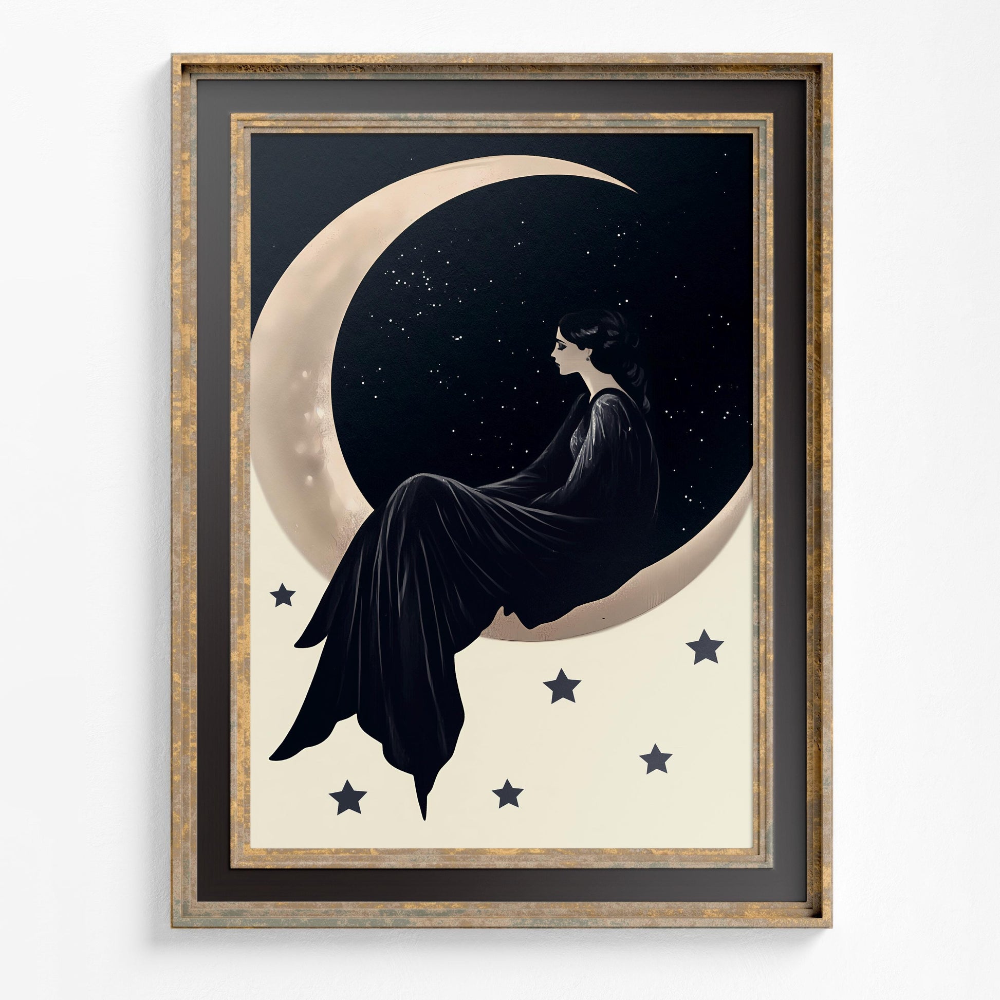 Woman Sitting on Moon Print - Woman on Moon with Stars Poster, No Frame