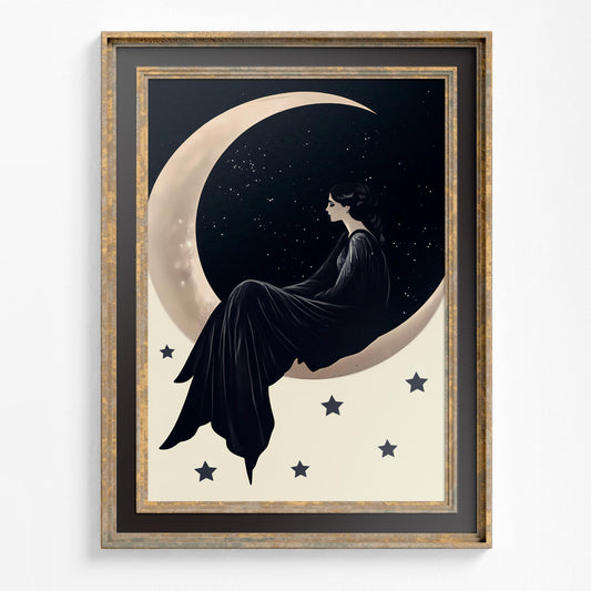 Woman Sitting on Moon Print - Woman on Moon with Stars Poster, No Frame