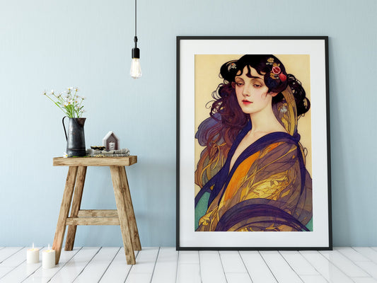 Art Nouveau - Goddess - Blue and Yellow Poster Bohemian - Goddess Print Large Artwork - Persephone