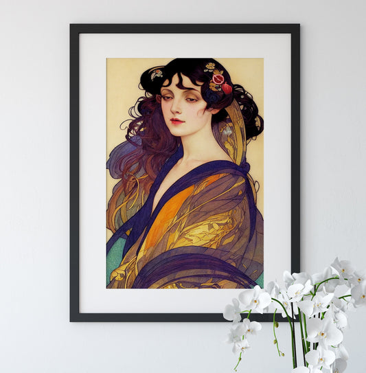 Art Nouveau Goddess Persephone Poster in Blue and Yellow by My Store