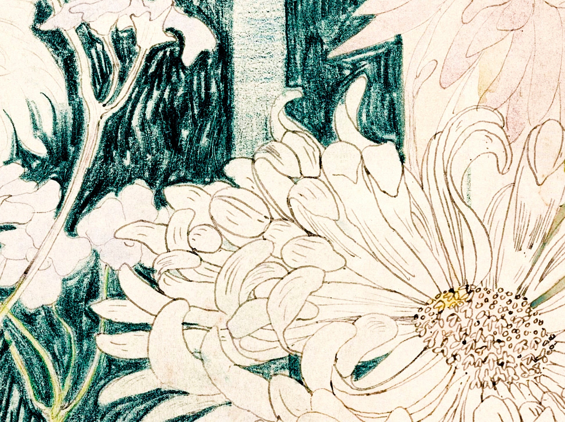 Art Nouveau Poster Floral Print Bohemian Print Large Artwork - Theo van Hoytema - Beige and Green - Vintage