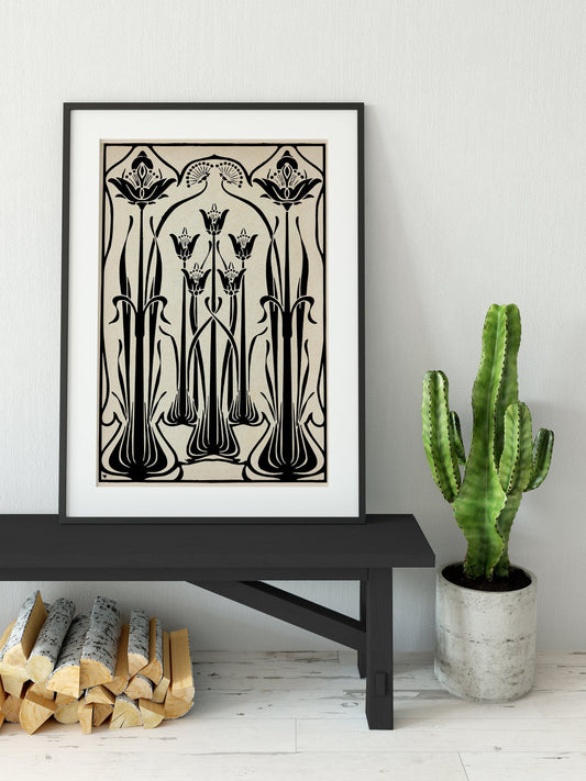 Art Nouveau Poster - Vintage Design - Ornamental Print - Large Artwork - Beige and Black