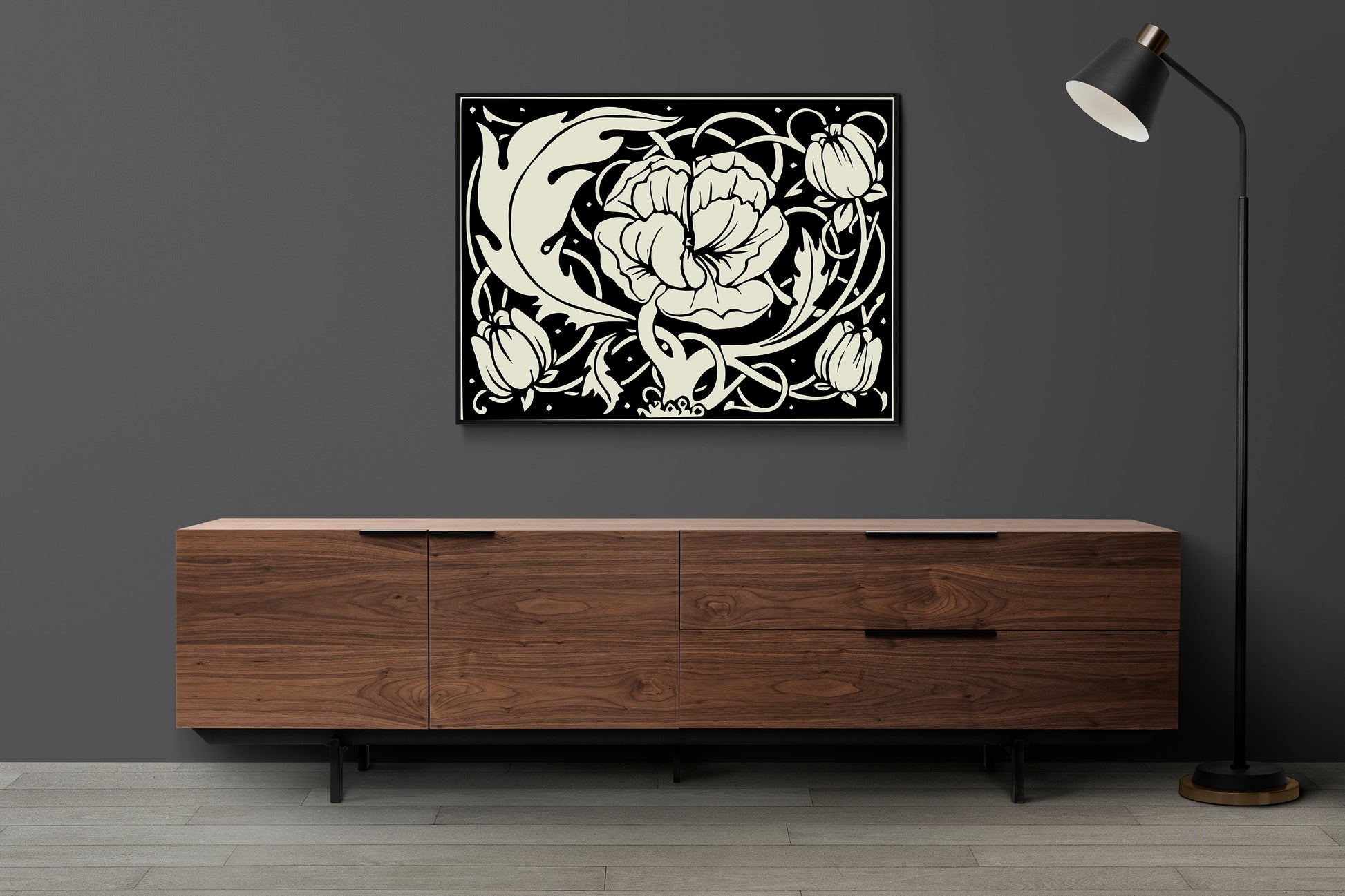 Aubrey Beardsley - Poppy Floral - Ornamental Art Nouveau - Floral - Vintage Black and Beige Print