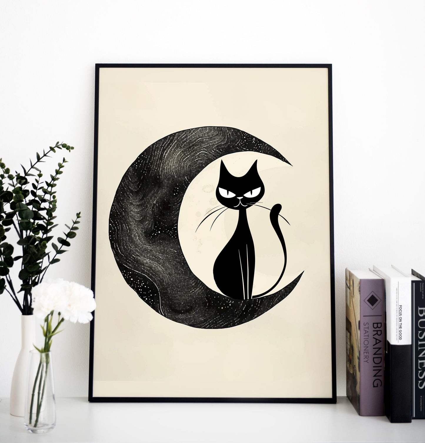 Black Cat and Moon - Mid Century Modern - Beige and Black Art Print