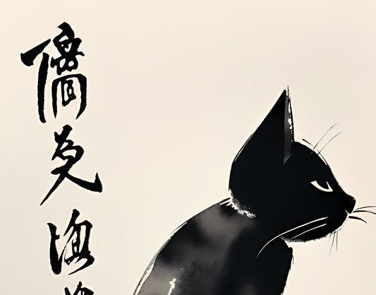 Black Japanese Cat Painting Art Print With Elegant Minimalist Style For Modern Homes by My Store