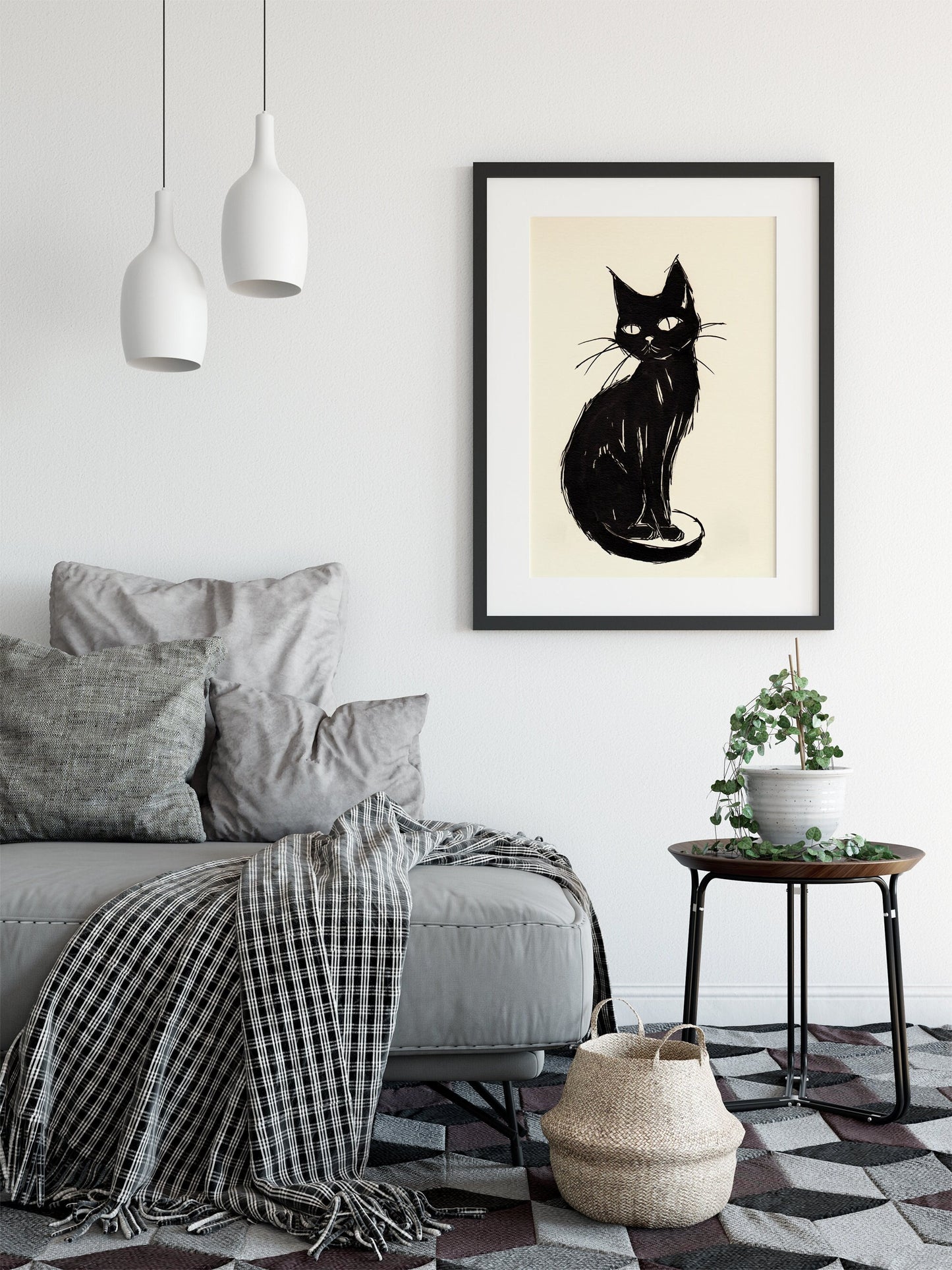 Black Japanese Cat Painting - Black Cat Japanese illustration Print