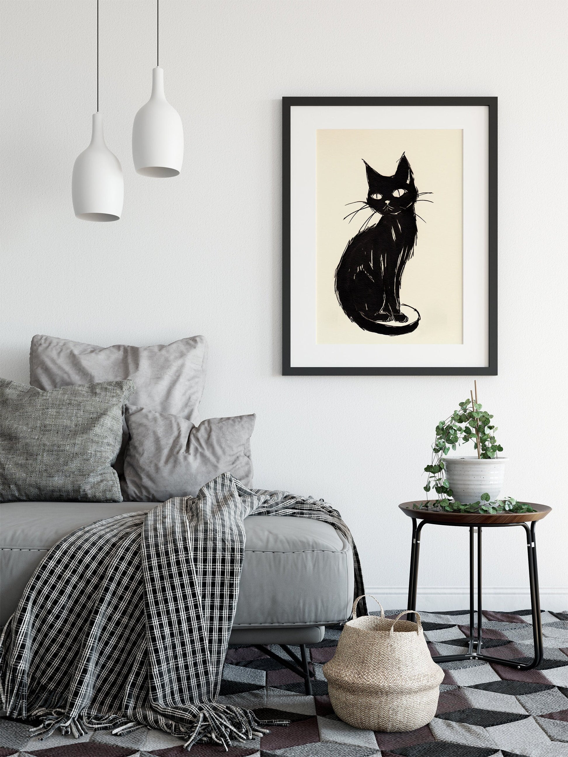 Black Japanese Cat Painting - Black Cat Japanese illustration Print