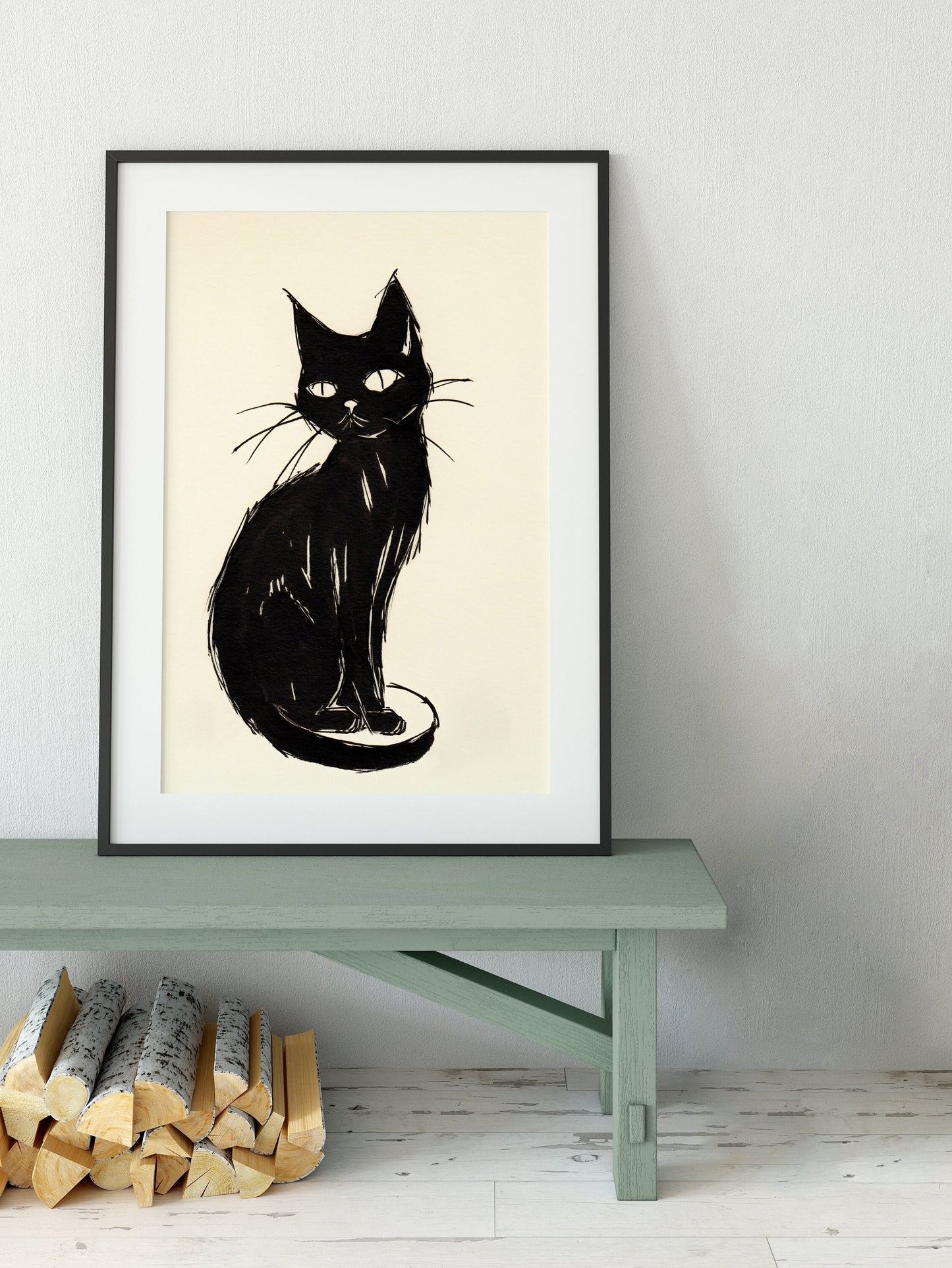 Black Japanese Cat Painting - Black Cat Japanese illustration Print