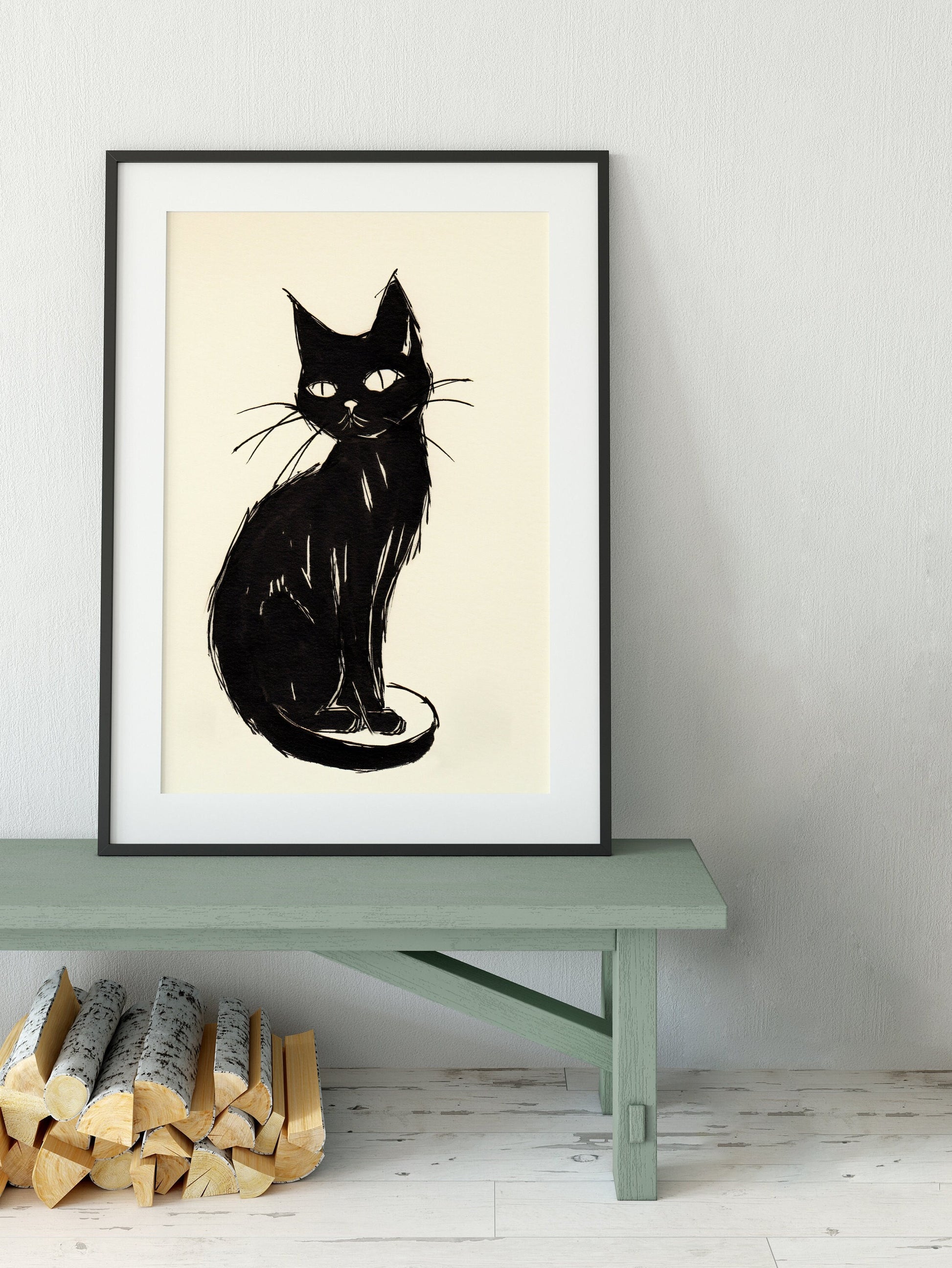 Black Japanese Cat Painting - Black Cat Japanese illustration Print