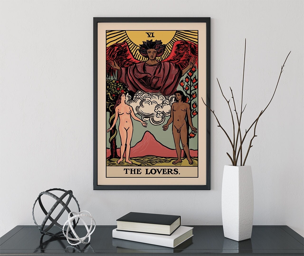 The Lovers - Tarot Card Print - The Bi-Racial Lovers Black Man White Woman Card Poster By Printagrams (No Frame)