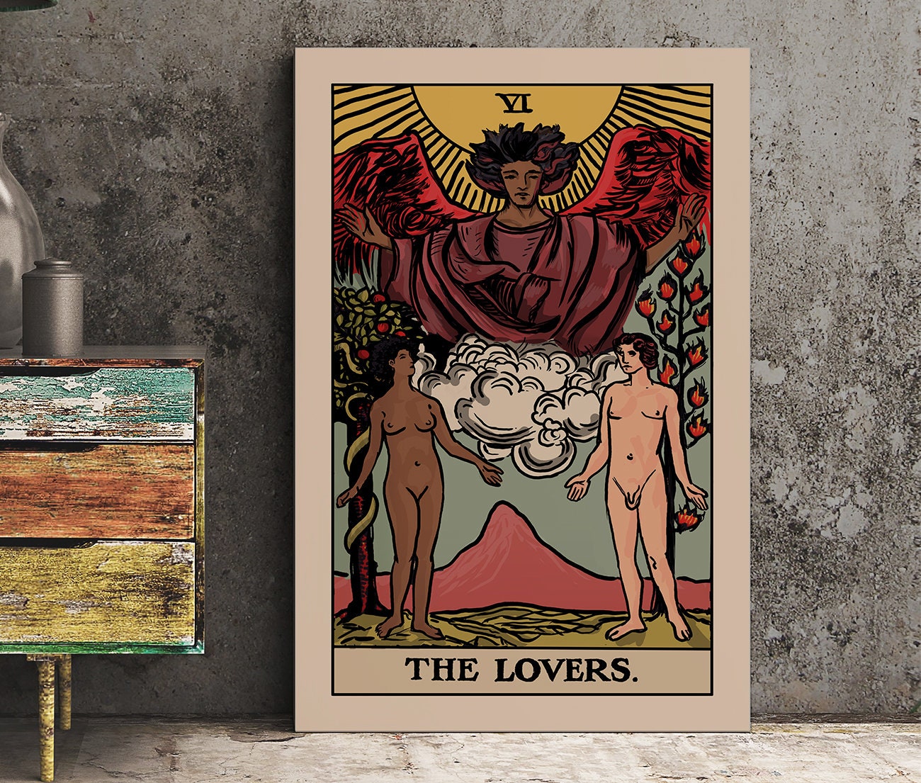 The Lovers - Tarot Card Print - The Bi-Racial Lovers Black Man White Woman Card Poster By Printagrams (No Frame)