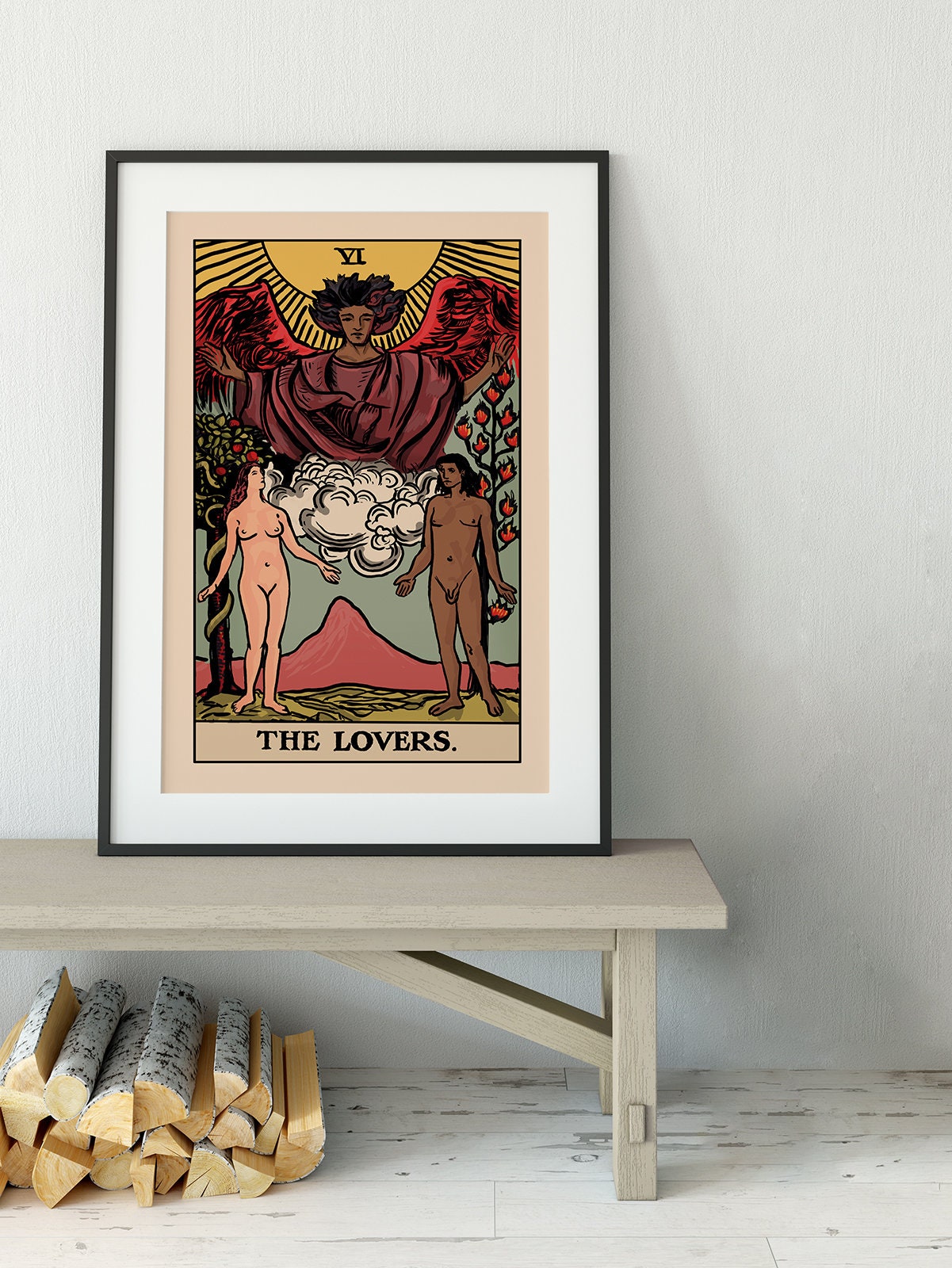The Lovers - Tarot Card Print - The Bi-Racial Lovers Black Man White Woman Card Poster By Printagrams (No Frame)