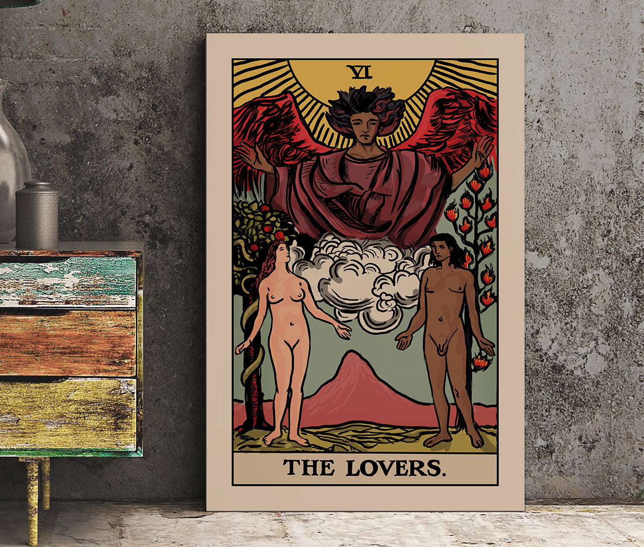 The Lovers - Tarot Card Print - The Bi-Racial Lovers Black Man White Woman Card Poster By Printagrams (No Frame)