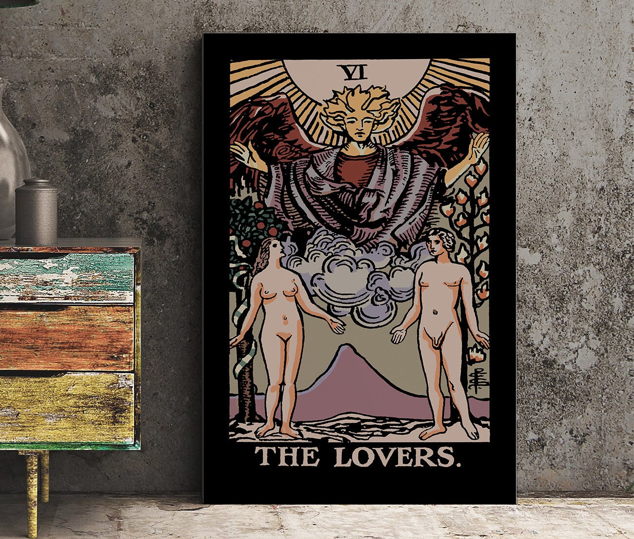 The Lovers- Tarot Card Print - The Lovers Card Darker Colors Poster, No Frame