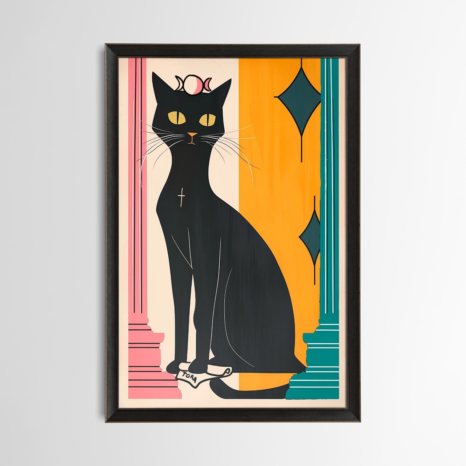 Cat Tarot Print - The High Priestess - Midcentury Modern Black Cat - Yellow and Pink Cat Pop Art Poster