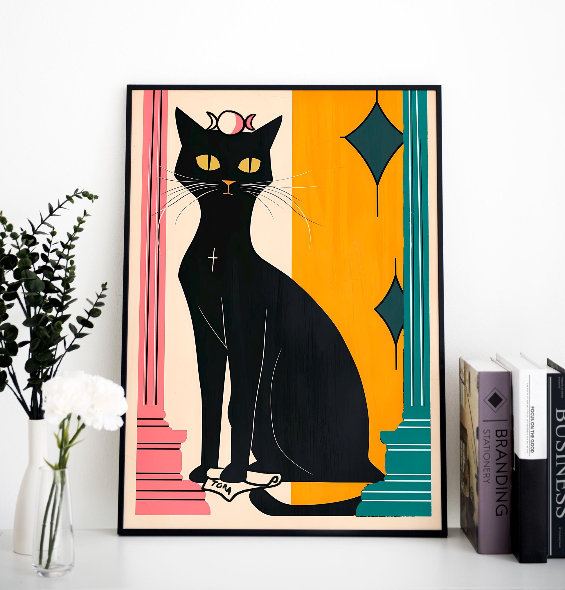 Cat Tarot Print - The High Priestess - Midcentury Modern Black Cat - Yellow and Pink Cat Pop Art Poster