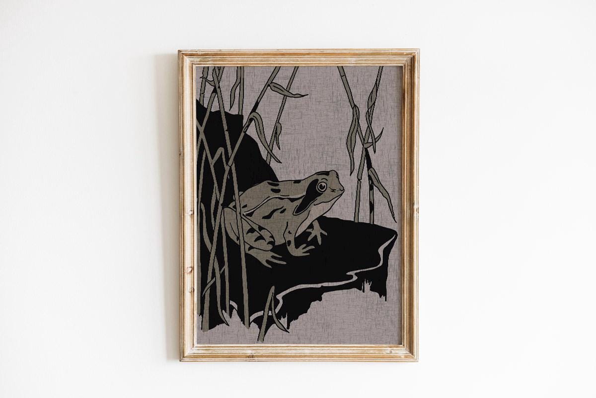 Cute Vintage Frog - Vintage Green and Beige - Dark Academia - Cottagecore Print - Vintage Design