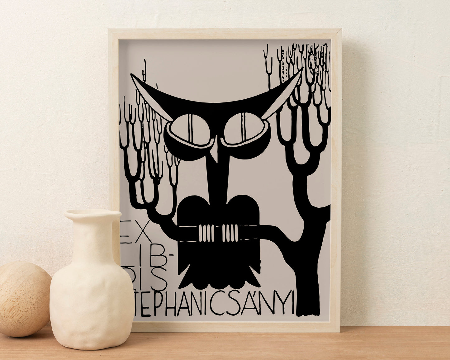 Cute Vintage Owl Print - Art Nouveau Poster - Exlibris - Black and Beige