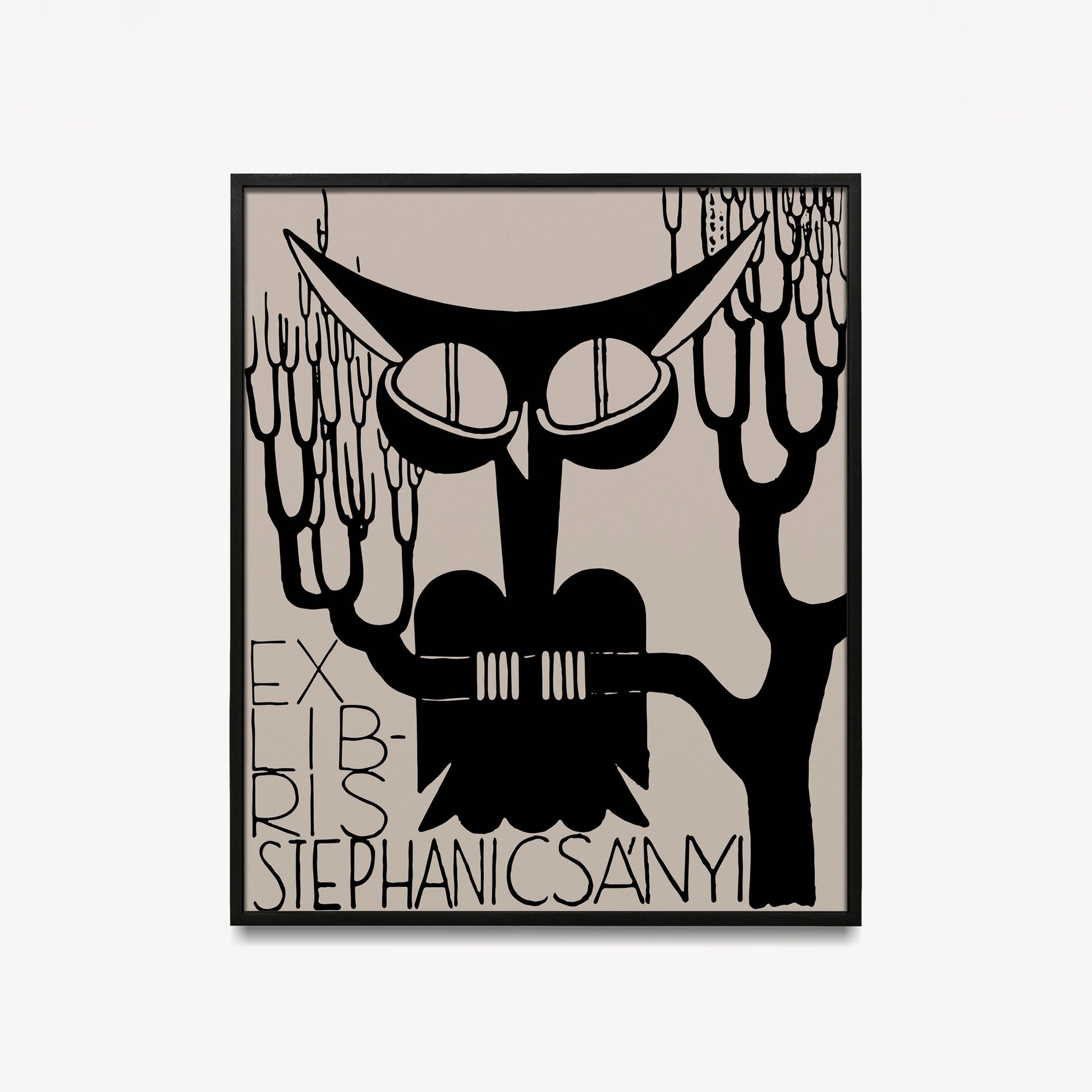 Cute Vintage Owl Print - Art Nouveau Poster - Exlibris - Black and Beige