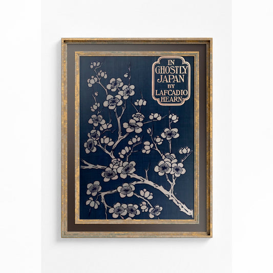 Dark Blue Vintage Book Cover Print - In Ghostly Japan - Art Nouveau Poster - Cherry Blossoms - Dark Academia - Moody Room