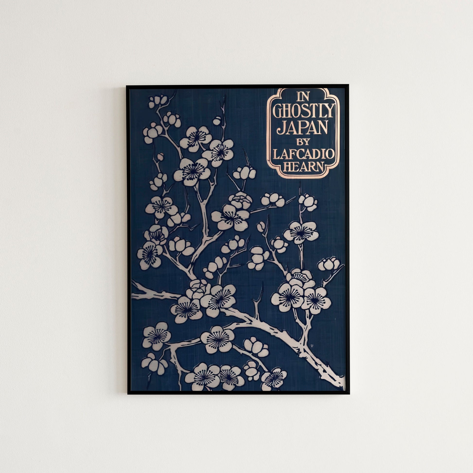 Dark Blue Vintage Book Cover Print - In Ghostly Japan - Art Nouveau Poster - Cherry Blossoms - Dark Academia - Moody Room