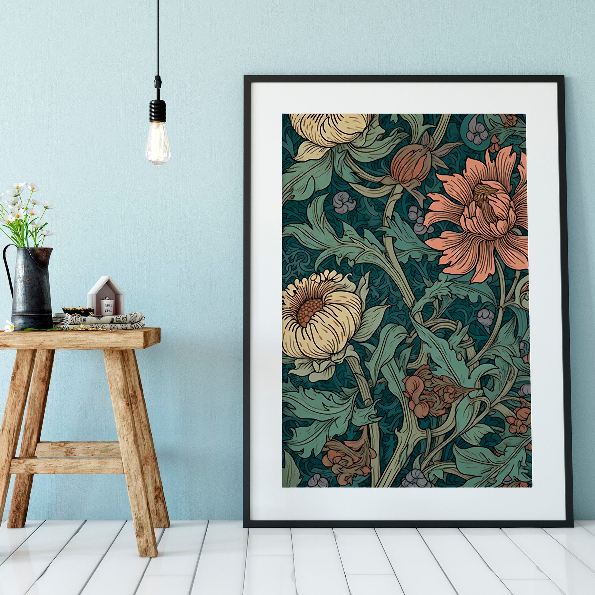 Floral Art Nouveau Print - William Morris - Bohemian Print Large Artwork - Dark Green and Blue