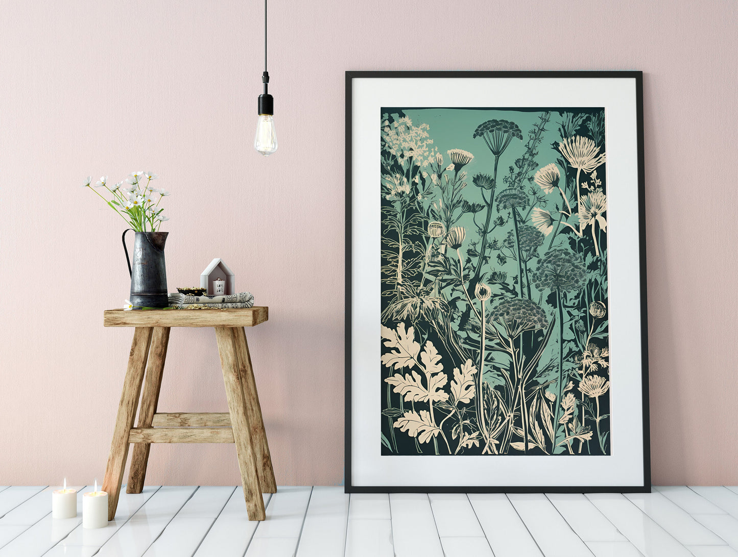Floral Botanical Print - Vintage Green and Black - Bohemian - Large Artwork