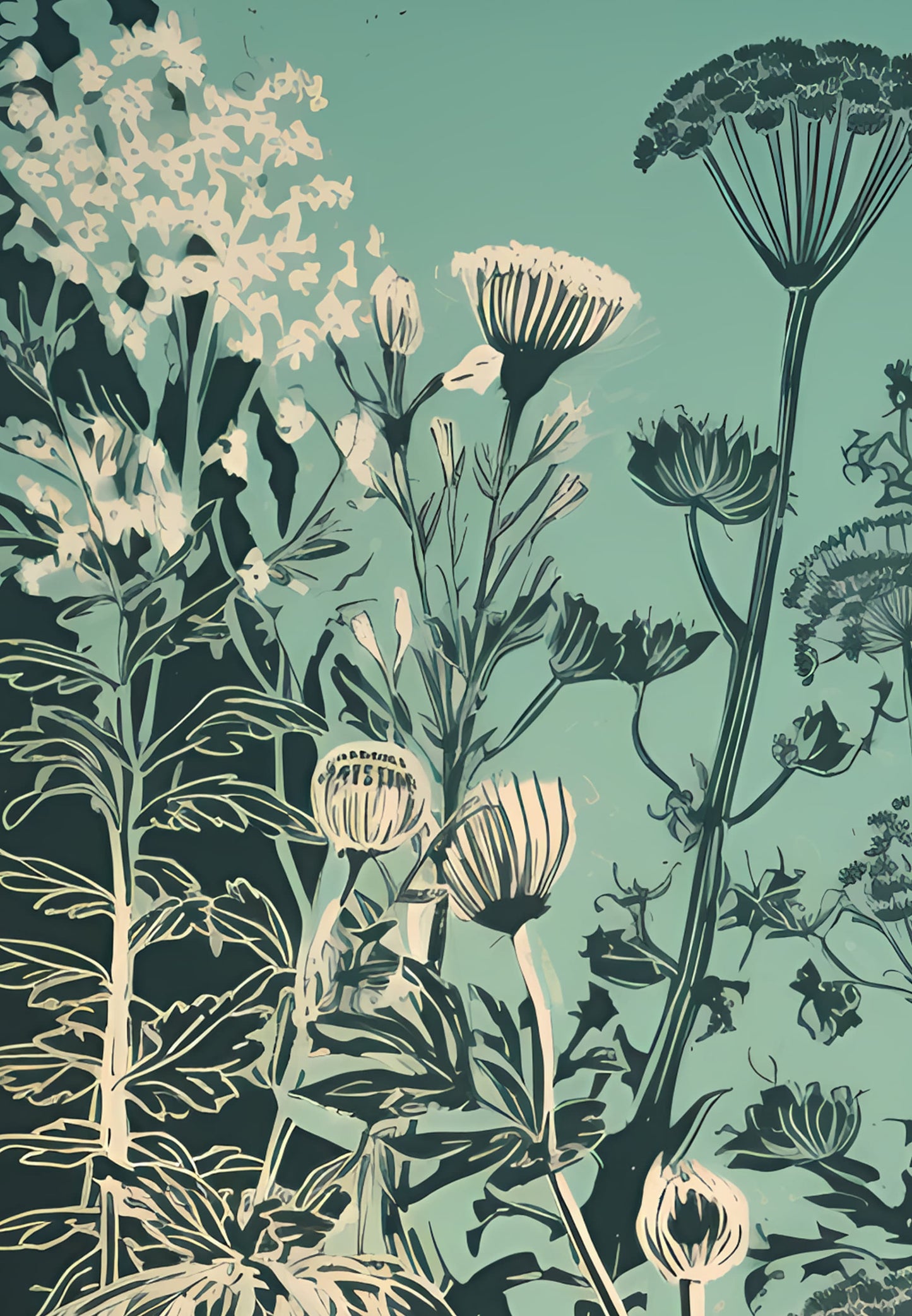 Floral Botanical Print - Vintage Green and Black - Bohemian - Large Artwork