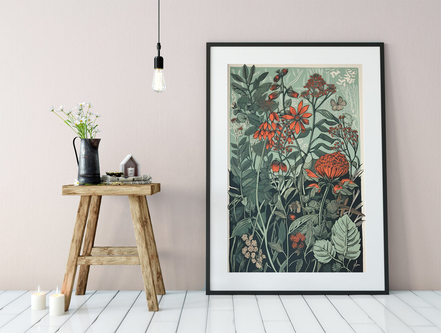 Floral Botanical Print - Vintage Green and Red- Bohemian Print - Large Artwork