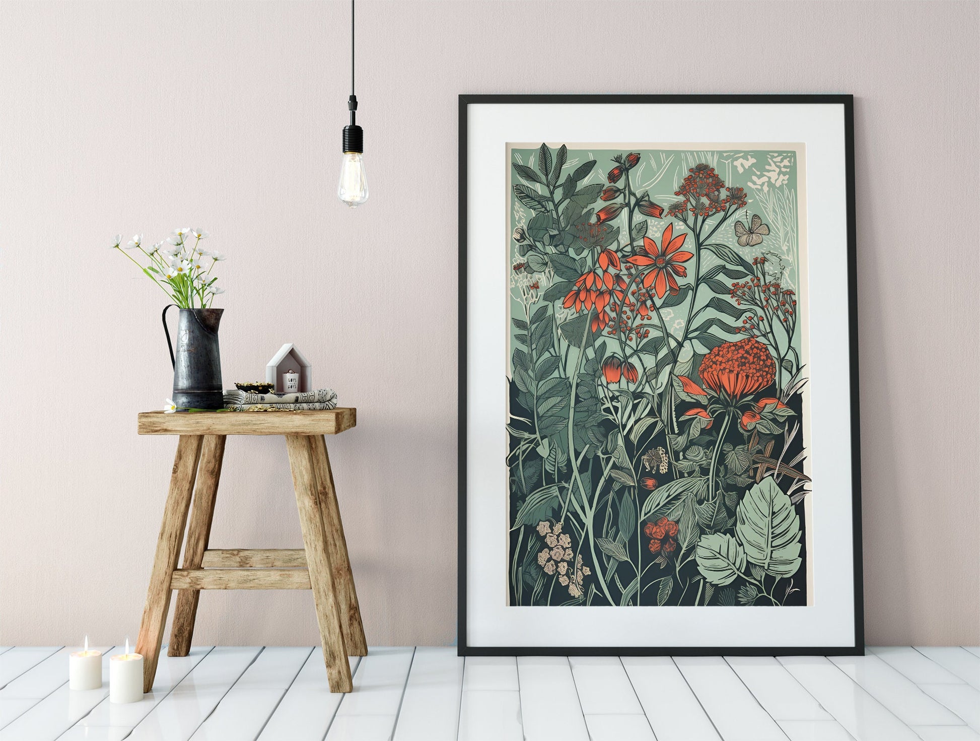 Floral Botanical Print - Vintage Green and Red- Bohemian Print - Large Artwork