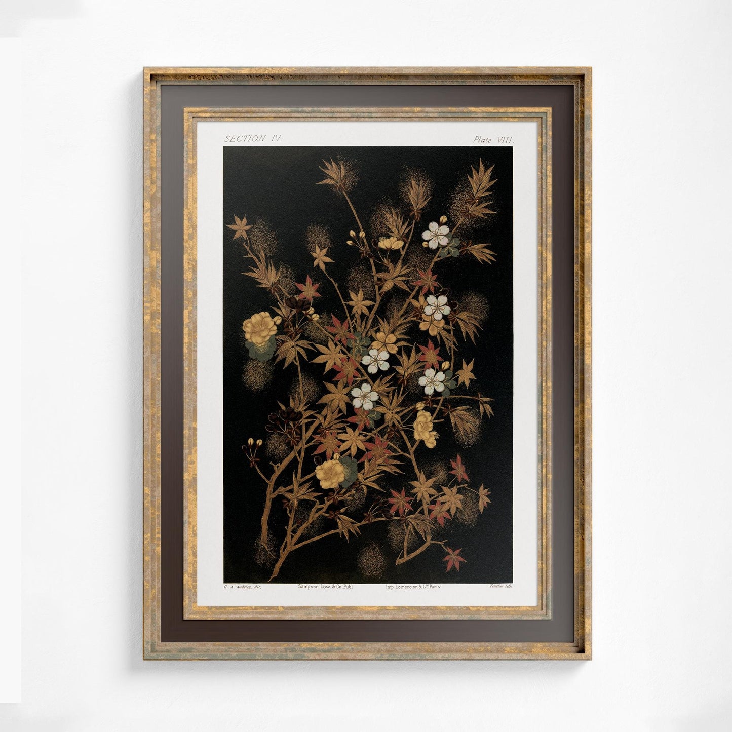Floral Japanese Print - Moody Art Nouveau Print - Beige and Gold - Bohemian Print Large Artwork - Neutral
