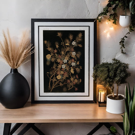 Floral Japanese Print Moody Art Nouveau Beige Gold Wall Art Large Premium Archival Quality by My Store