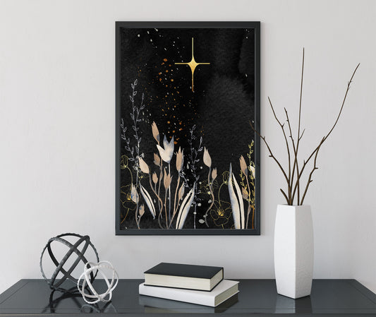 Gold and Black Floral Print - Watercolor Art Nouveau Poster Floral Print Bohemian Print Large Artwork