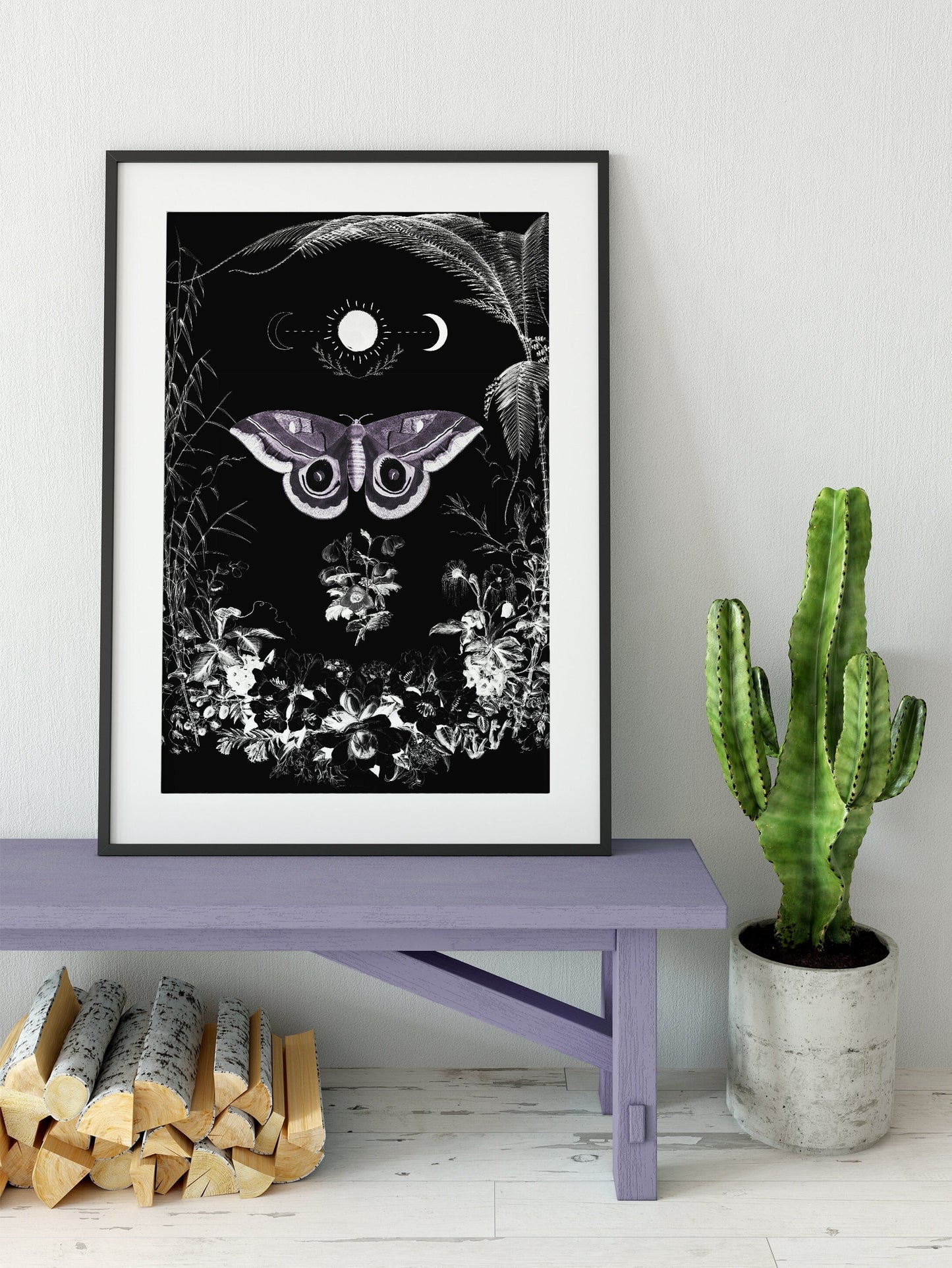 Gothic Floral Print Bohemian Print Large Artwork - Vintage Flowers and Moth