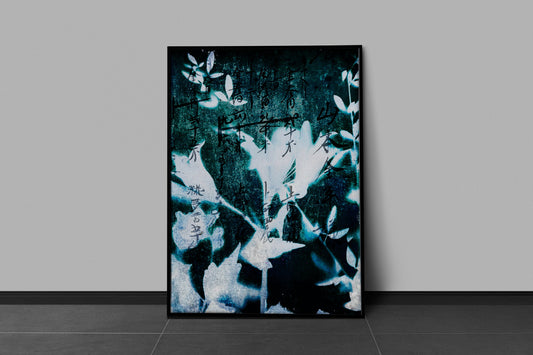 Grunge Botanical Print - Cyanotype - Gothic Decor Bohemian Art - Blue Green Print - Moody