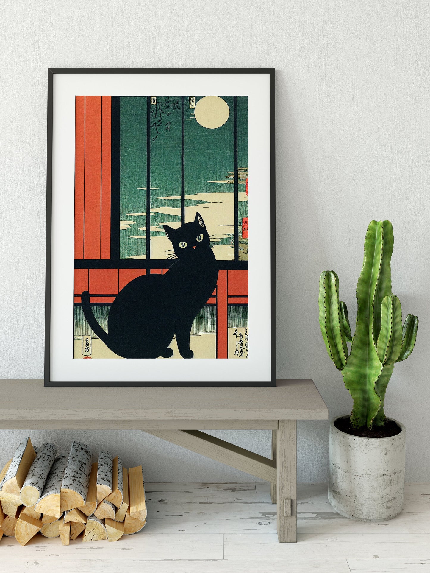 Japanese Cat in the Window Painting - Black Cat Japanese illustration Print