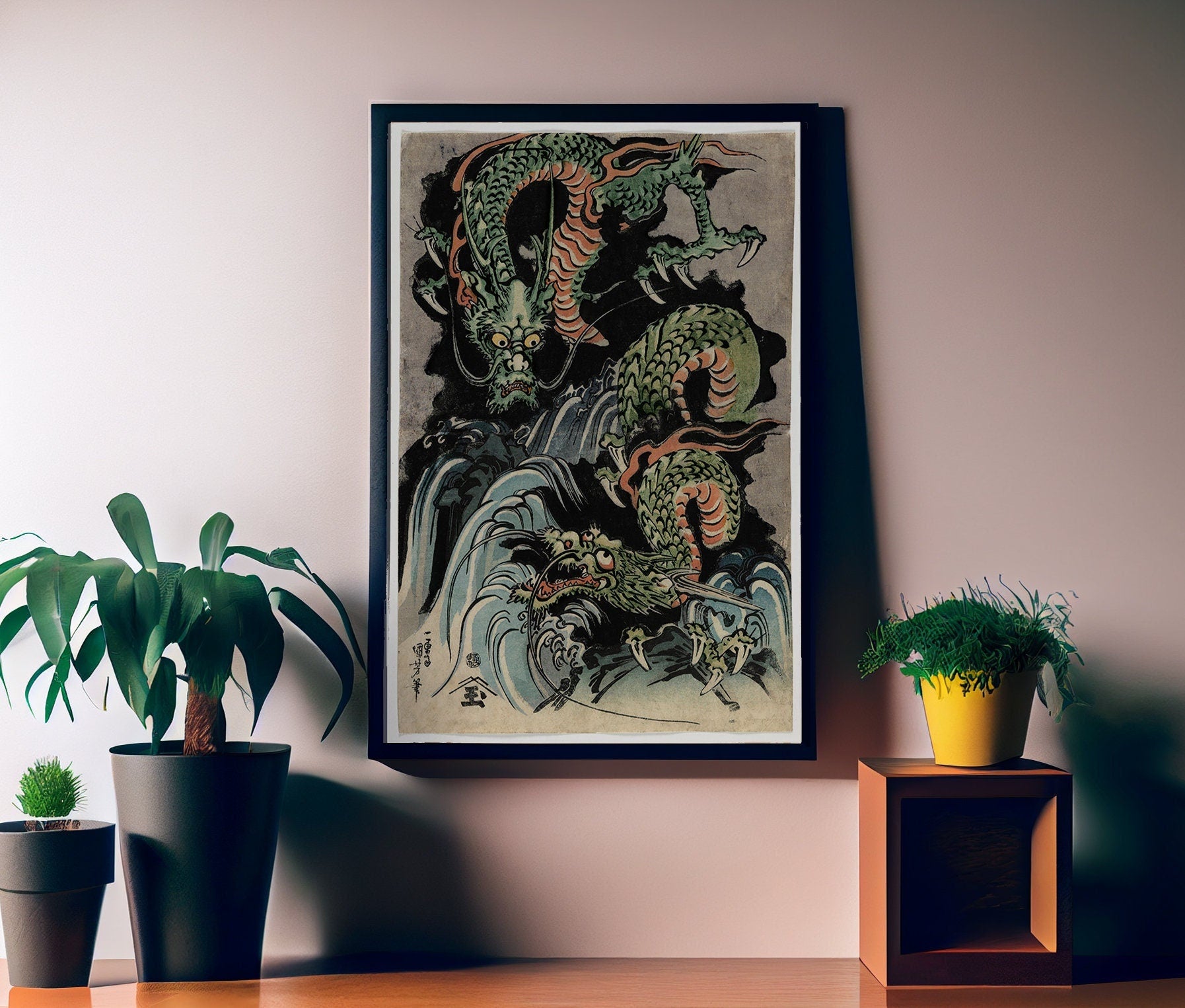 Japanese Print Two Fighting Green Dragons Print (No Frame)