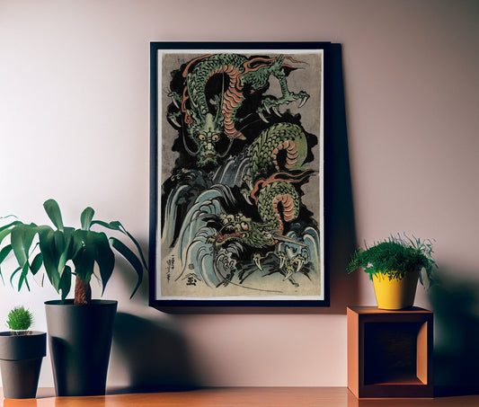 Japanese Print Two Fighting Green Dragons Print (No Frame)