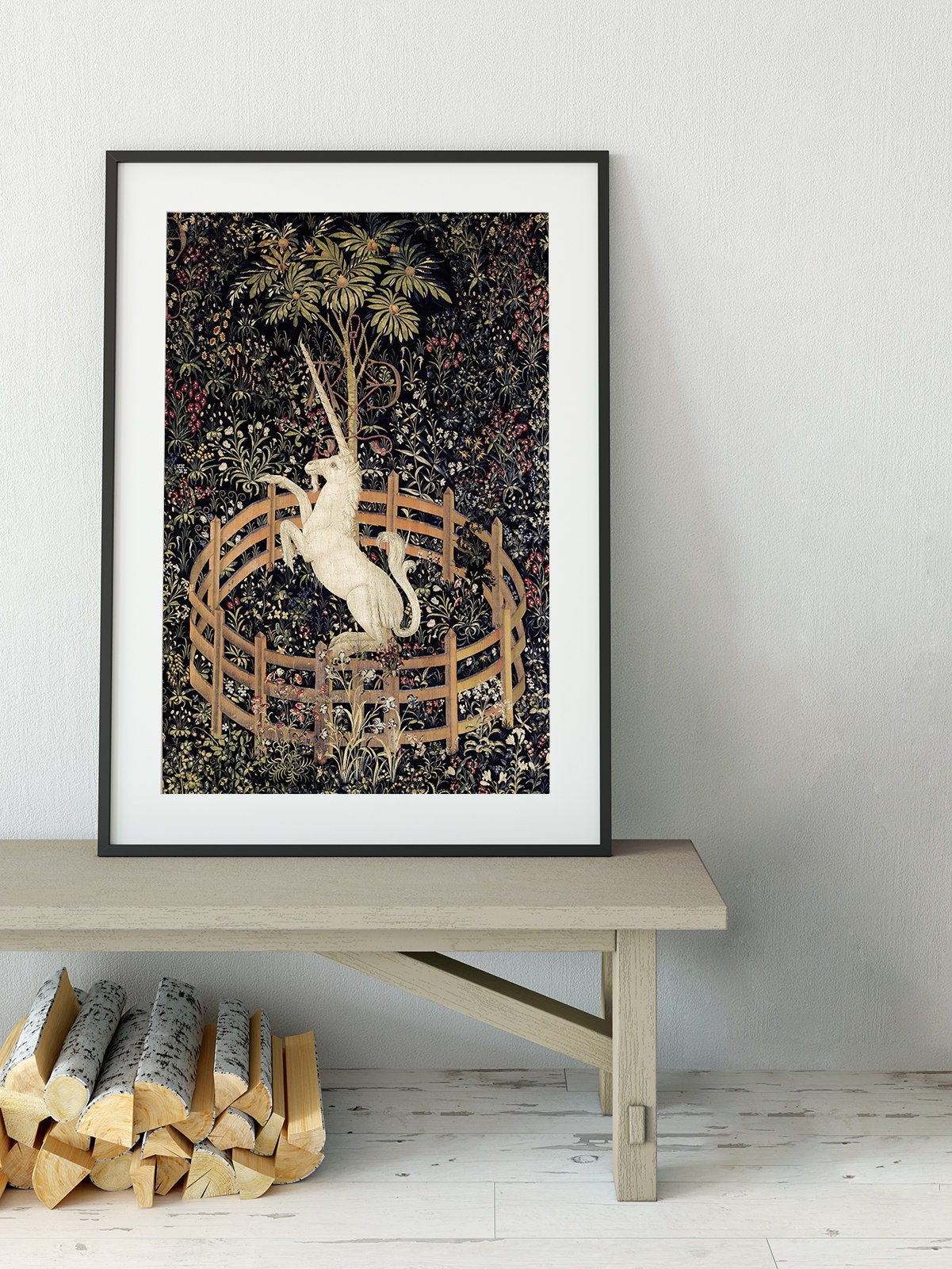 Medieval Unicorn Print - Floral Print - Unicorn Standing Print - Medieval Art - Flora - tapestries style on green background