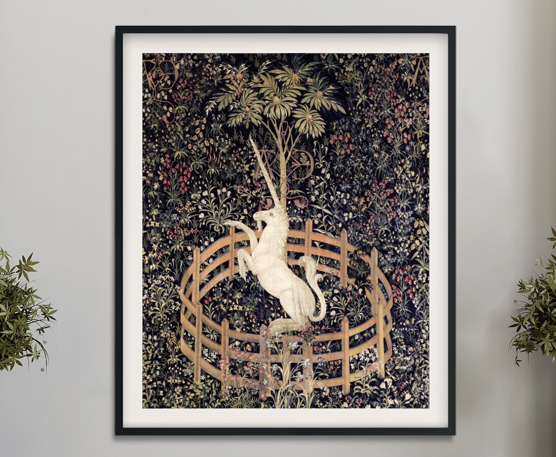 Medieval Unicorn Print - Floral Print - Unicorn Standing Print - Medieval Art - Flora - tapestries style on green background