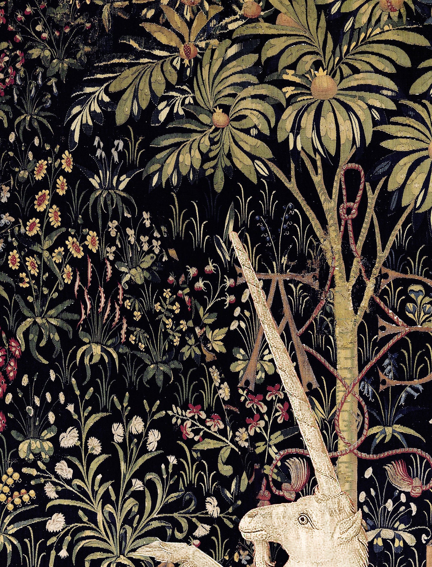 Medieval Unicorn Print - Floral Print - Unicorn Standing Print - Medieval Art - Flora - tapestries style on green background