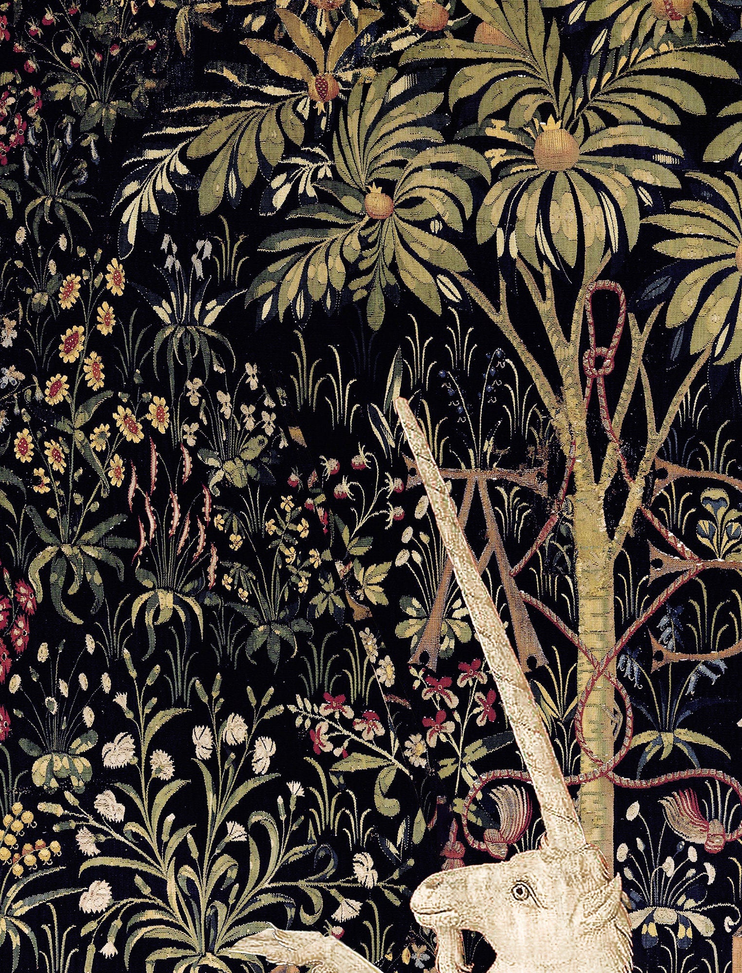 Medieval Unicorn Print - Floral Print - Unicorn Standing Print - Medieval Art - Flora - tapestries style on green background