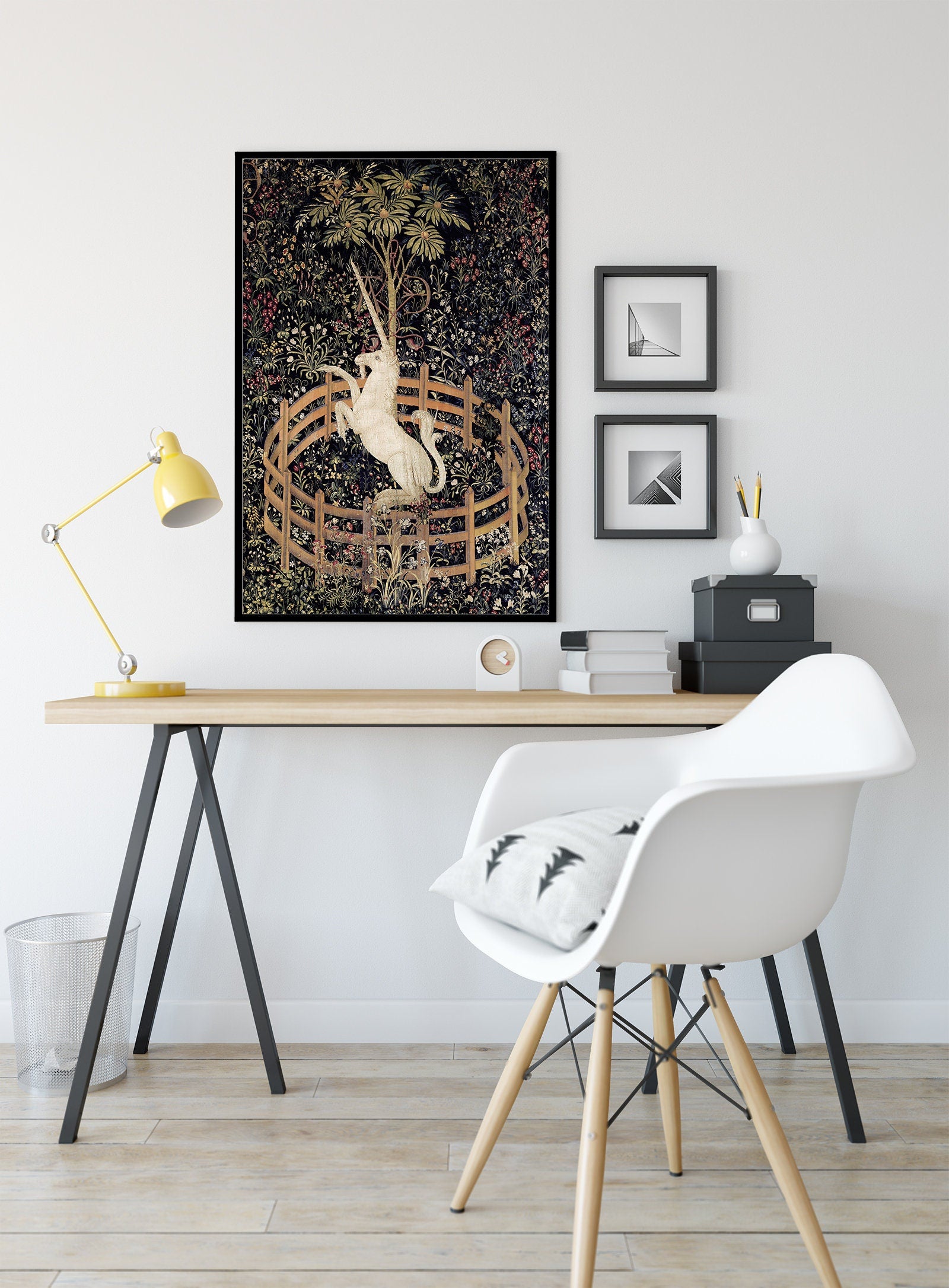 Medieval Unicorn Print - Floral Print - Unicorn Standing Print - Medieval Art - Flora - tapestries style on green background