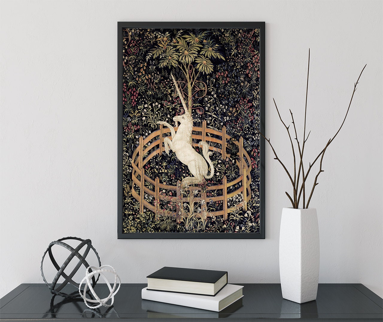 Medieval Unicorn Print - Floral Print - Unicorn Standing Print - Medieval Art - Flora - tapestries style on green background