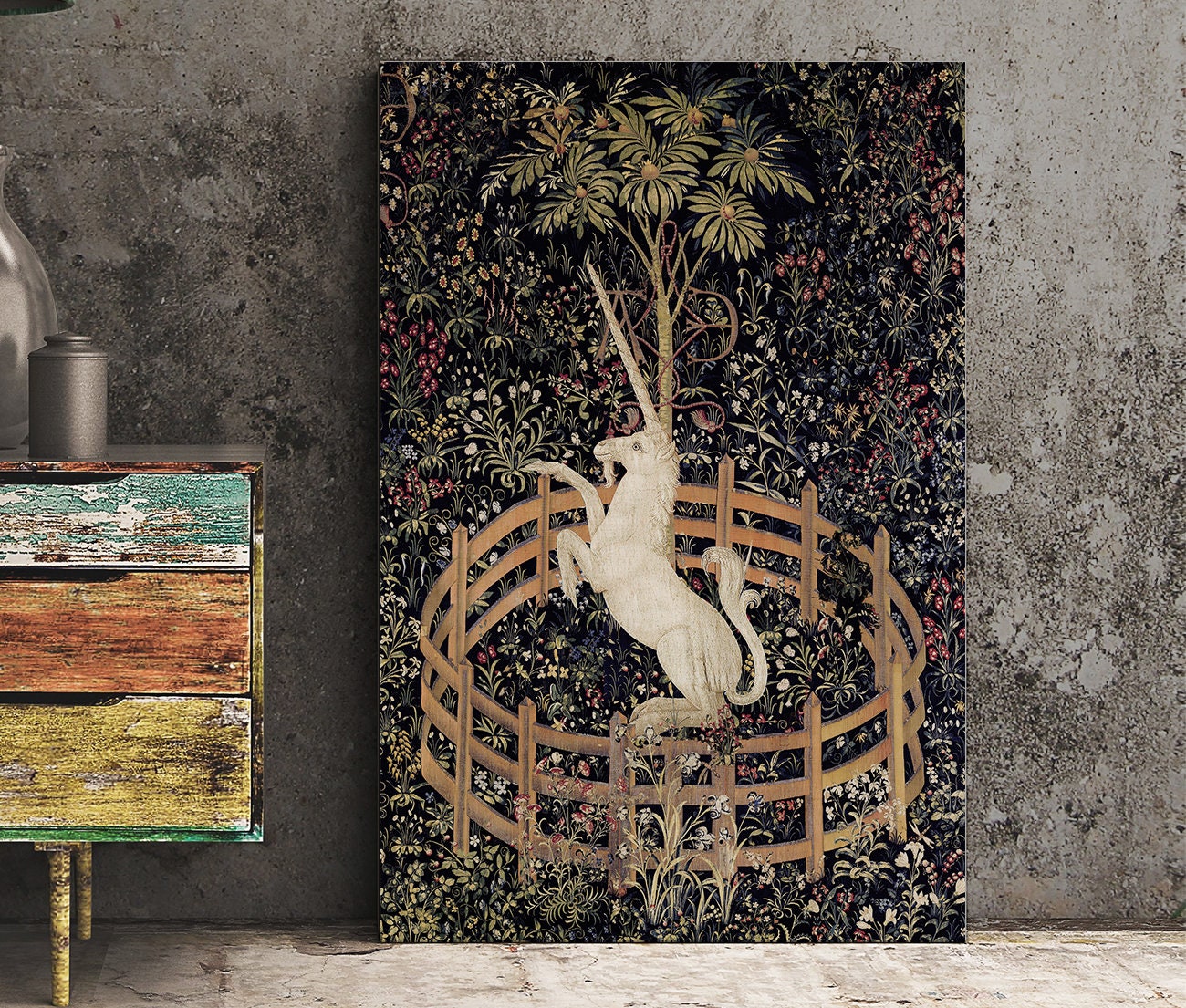 Medieval Unicorn Print - Floral Print - Unicorn Standing Print - Medieval Art - Flora - tapestries style on green background