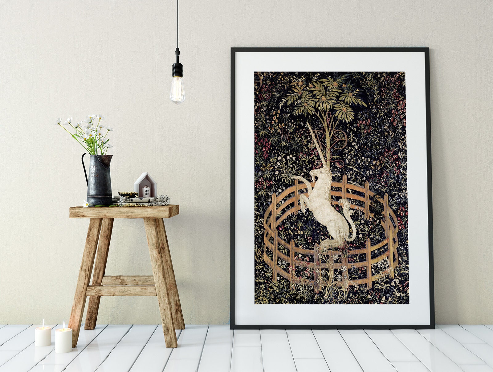 Medieval Unicorn Print - Floral Print - Unicorn Standing Print - Medieval Art - Flora - tapestries style on green background