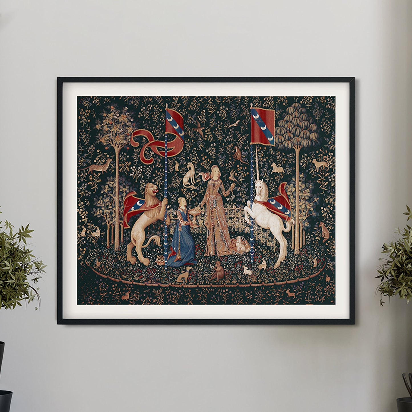 Medieval Unicorn Print - Taste - Lady with Unicorn Dark Green - Medieval Art - Flora - 1500s