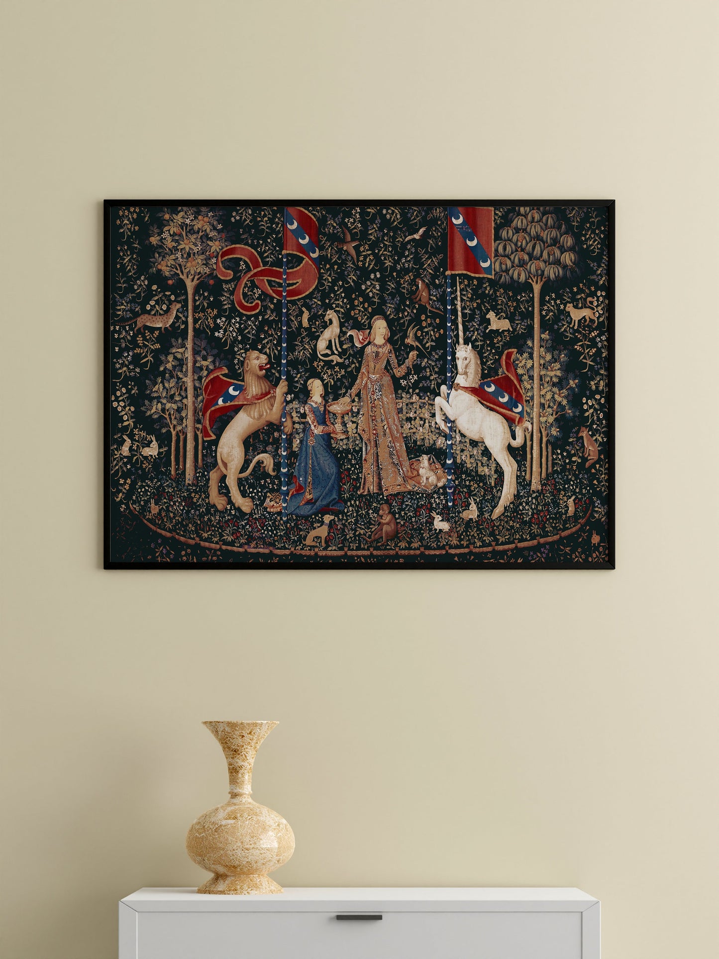 Medieval Unicorn Print - Taste - Lady with Unicorn Dark Green - Medieval Art - Flora - 1500s