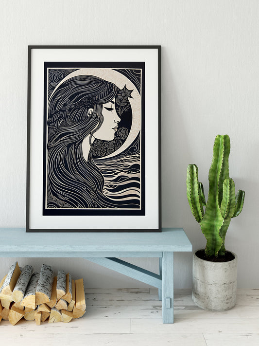 Moon Goddess - Print - Black and White - Bohemian - Goddess Print Large Artwork