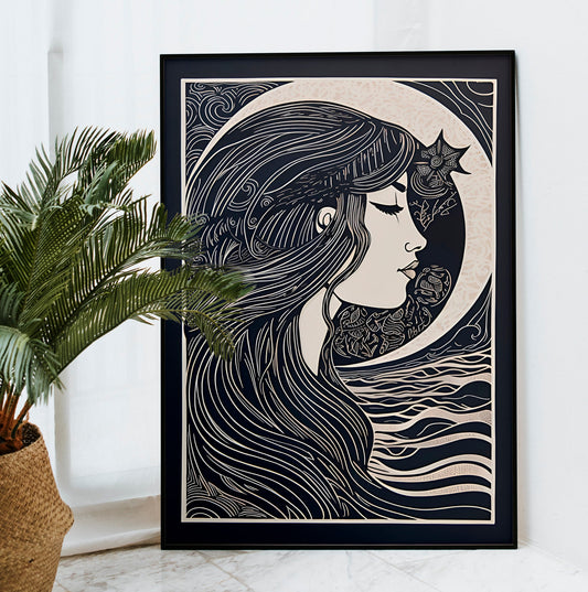 Moon Goddess Bohemian Art Print In Black And White On Premium Archival Matte Fine Art Paper Large Artwork by My Store